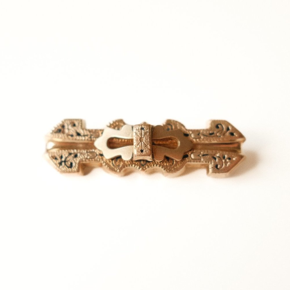 antique/vintage victorian gold & black enamel filigree brooch/collar bar